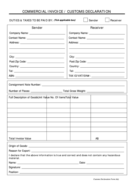 Commercial Invoice Template/customs Declaration Printable pdf