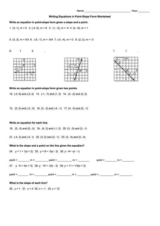 Writing Equations In Point-Slope Form Worksheet Printable pdf