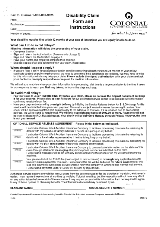 Colonial Supplemental Insurance Disability Claim Form And Instructions Printable pdf