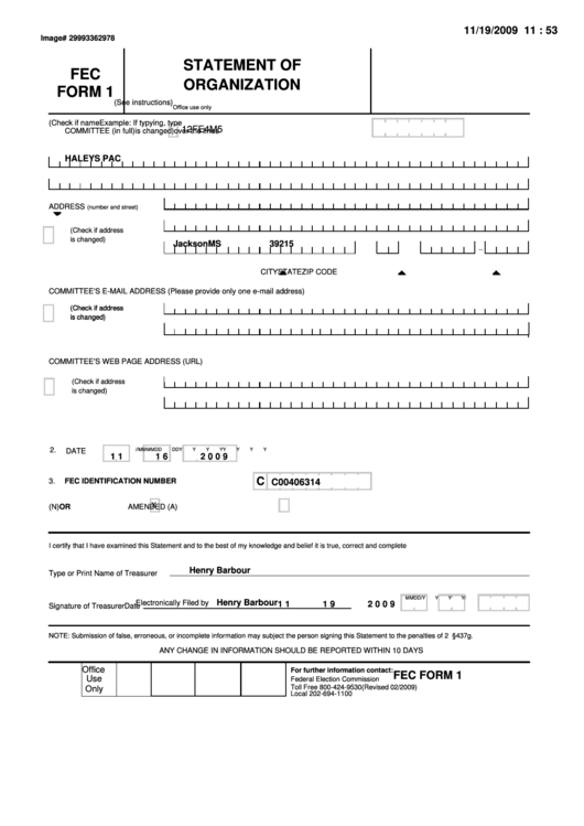 Fec Form 1 Statement Of Organization Printable pdf