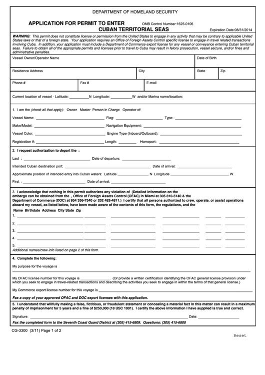 Fillable Form Cg-3300 Department Of Homeland Security - U.s. Coast Guard Application For Permit To Enter Cuban Territorial Seas Printable pdf