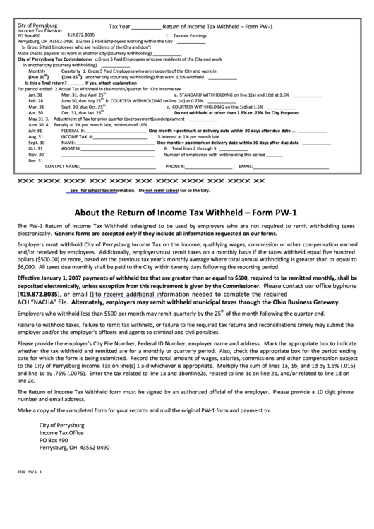 Fillable Form Pw-1 Return Of Income Tax Withheld Printable pdf