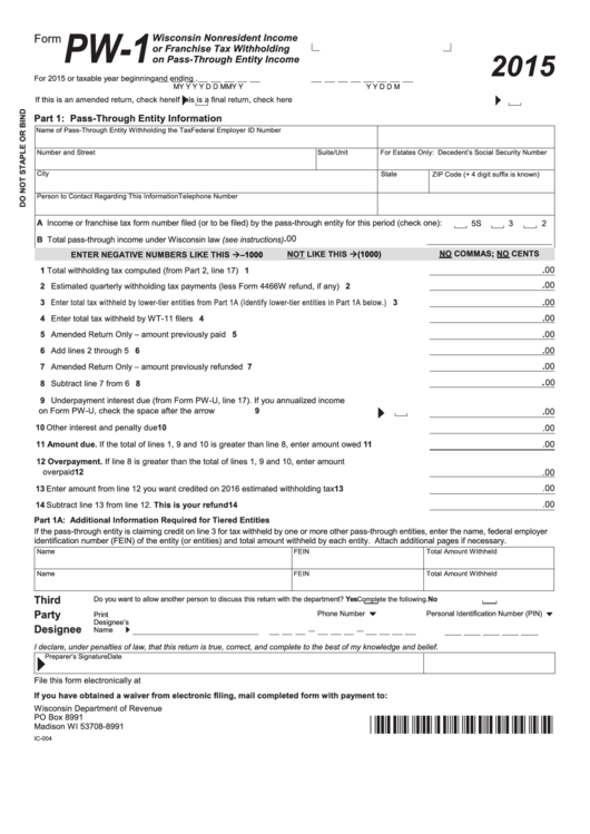 Form Pw-1 2015 Wisconsin Nonresident Income Or Franchise Tax Withholding On Pass-Through Entity Income Printable pdf