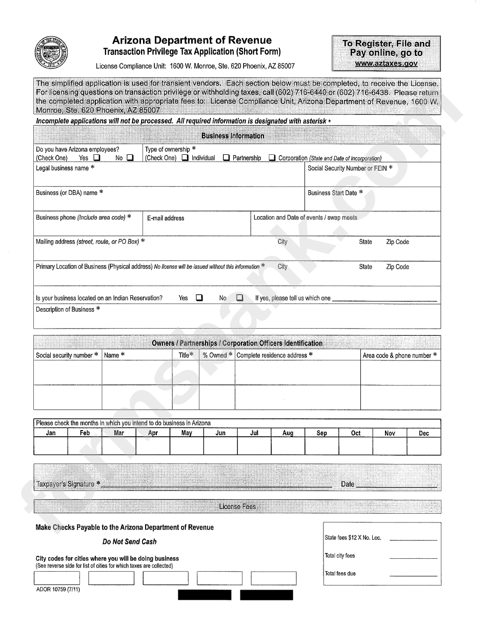 Arizona Department Of Revenue - Transaction Privilege Tax Application (Short Form)