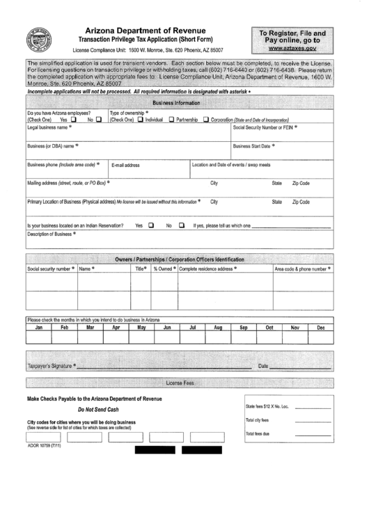 Arizona Department Of Revenue - Transaction Privilege Tax Application (Short Form) Printable pdf