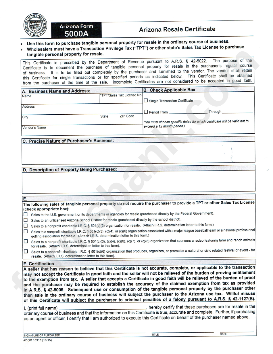 Arizona Form 5000a Arizona Resale Certificate printable pdf download