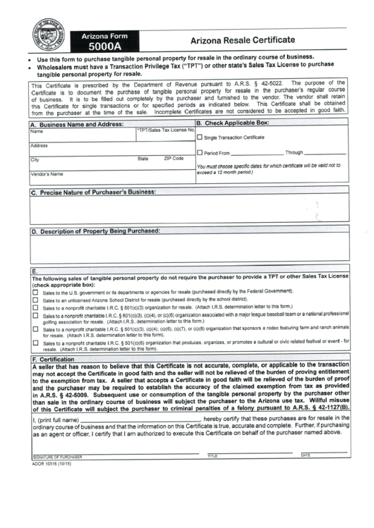 Arizona Form 5000a - Arizona Resale Certificate Printable pdf