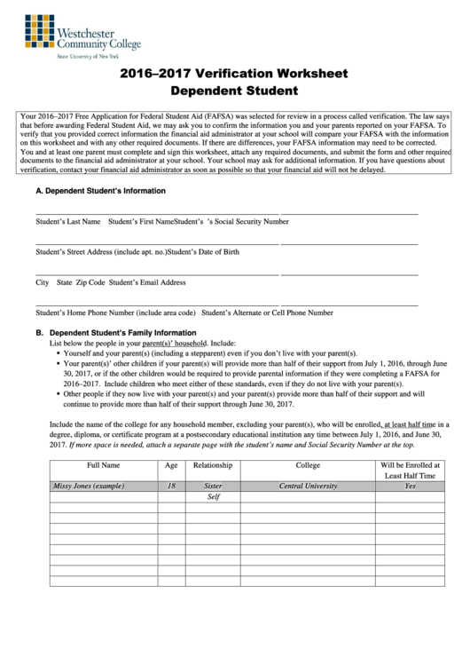 Dependent Student Verification Worksheet - Fafsa Printable pdf