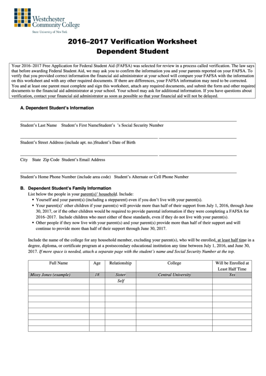 Verification Worksheet For Dependent Students Worksheet 4C2