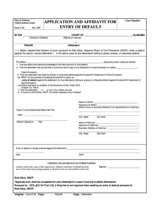 Fillable Form C-25 - Application And Affidavit For Entry Of Default Printable pdf