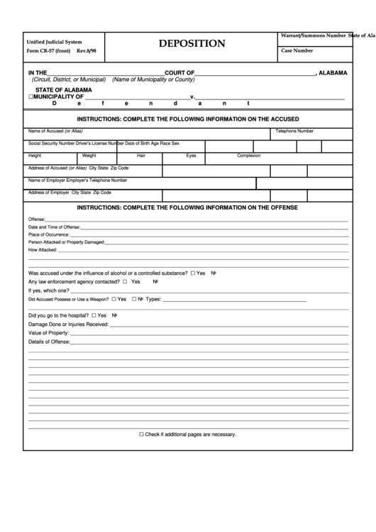 Fillable Form Cr-57 State Of Alabama - Deposition Printable pdf
