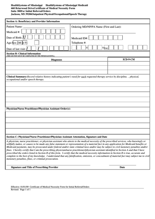 Certificate Of Medical Necessity Form For Initial Referral/orders Outpatient Physical/occupational/speech Therapy Printable pdf