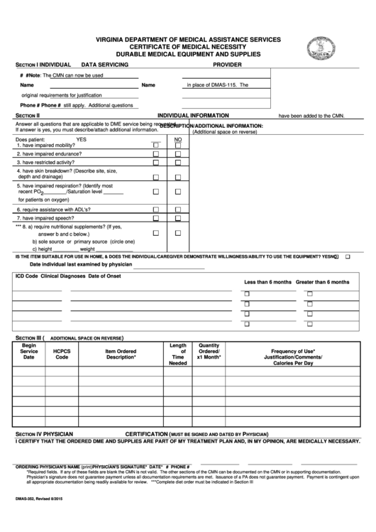 Form Dmas-352 - Certificate Of Medical Necessity Template