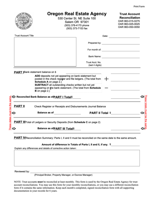 Fillable Oregon Real Estate Agency Trust Account Reconciliation Printable pdf