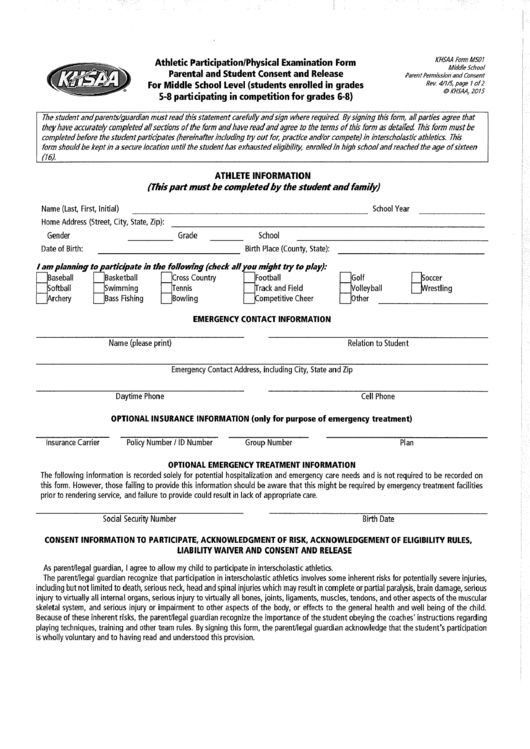 Khsaa Preparticipation Physical Evaluation - Physical Examination Form Printable pdf