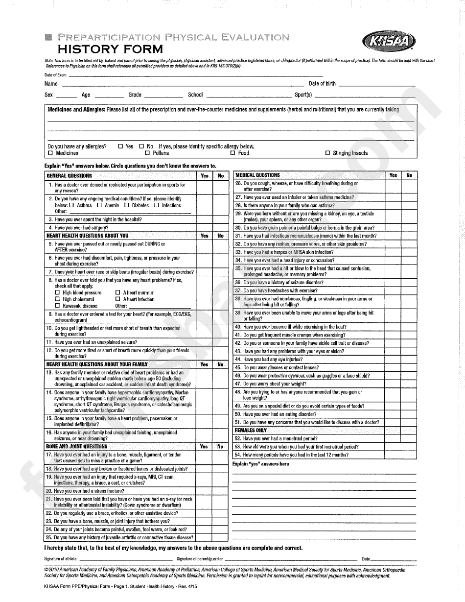 Khsaa Preparticipation Physical Evaluation - Physical Examination Form