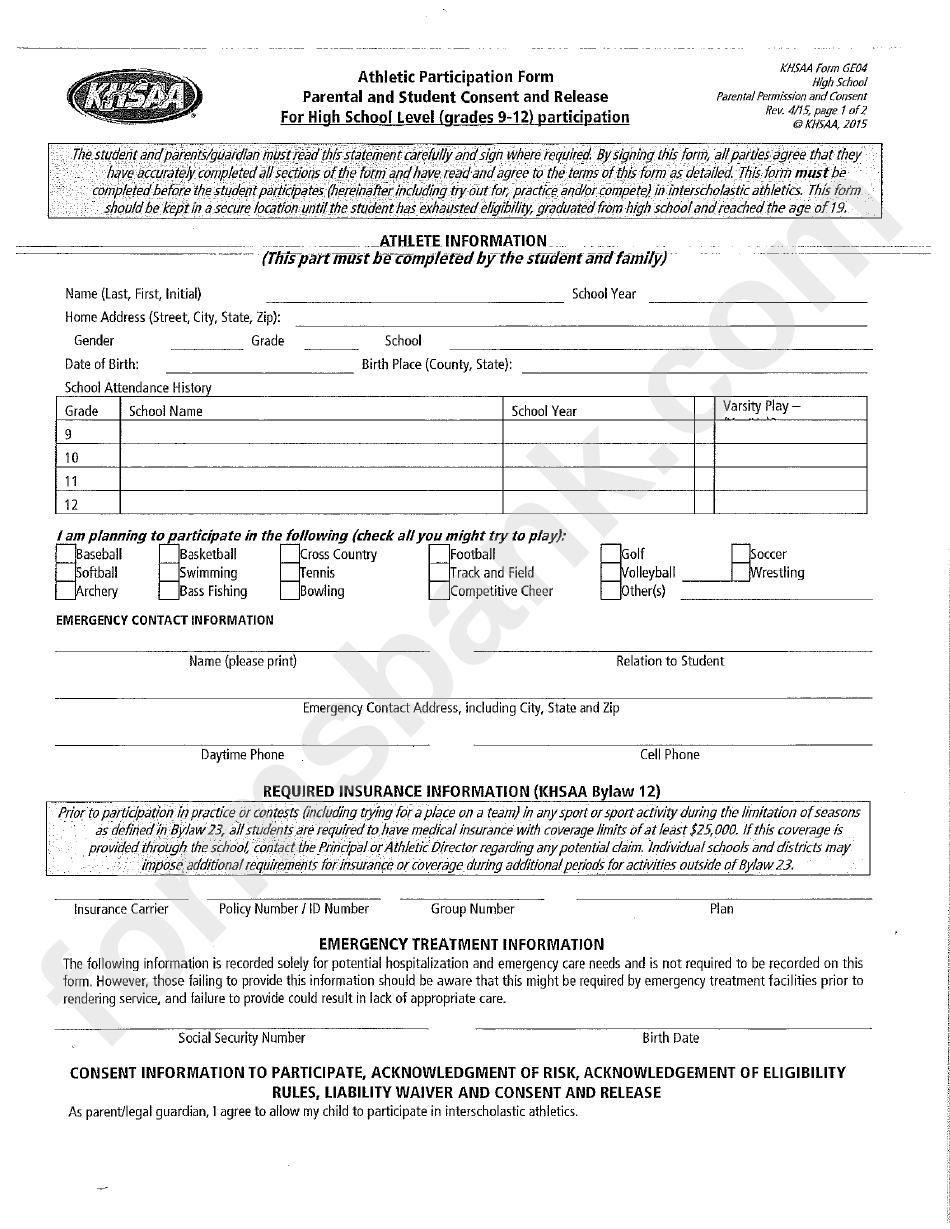 Khsaa Athletic Participation Form