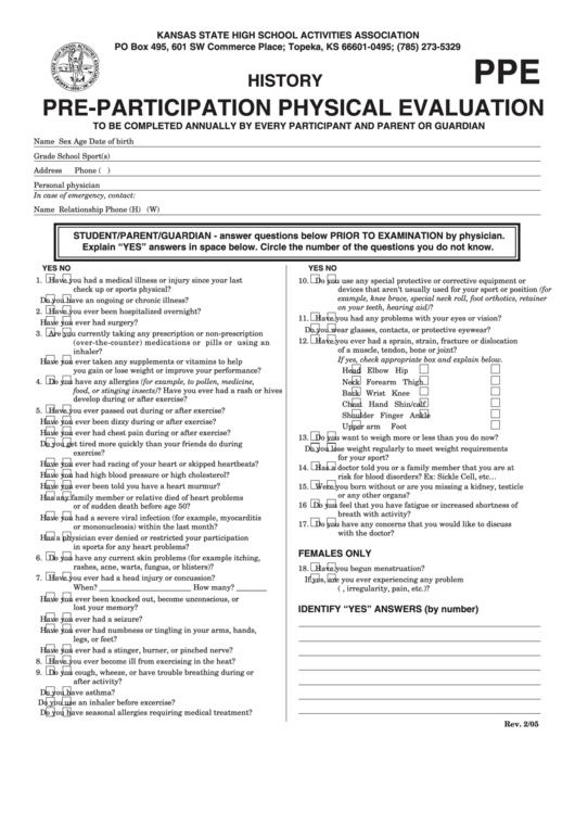 2005 Pre-Participation Physical Evaluation Form Printable pdf