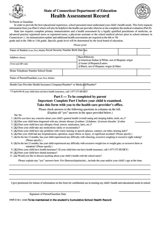State Of Connecticut Department Of Education - Health Assessment Record Printable pdf