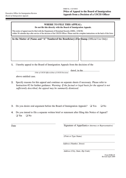 U.s. Department Of Justice Form Eoir-29 - Notice Of Appeal To The Board Of Immigration - Appeals From A Decision Of A Uscis Officer Printable pdf