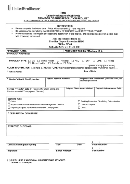 Hmo United Healthcare Of California Provider Dispute Resolution Request Printable pdf
