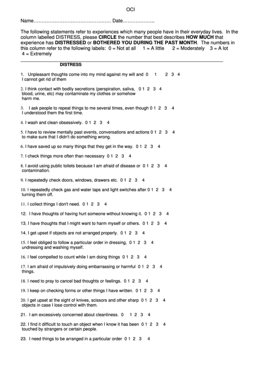 Obsessive Compulsive Inventory Questionnaire Template Printable pdf