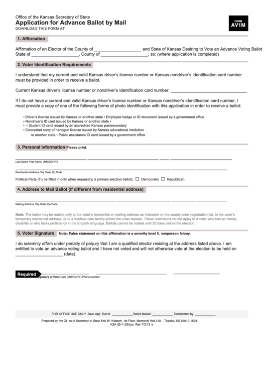 Application For Advance Ballot By Mail Form Printable pdf