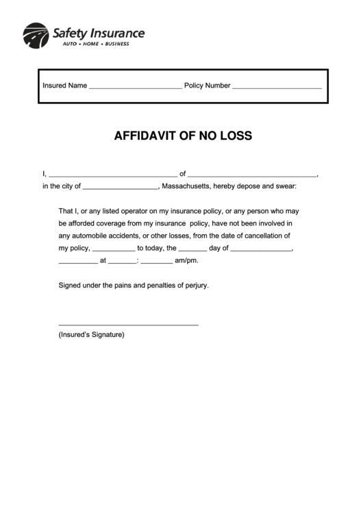 Affidavit Of No Loss Printable pdf