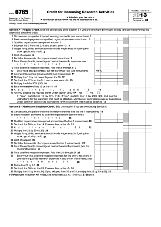 Fillable Form 6765 - Credit For Increasing Research Activities - 2013 Printable pdf