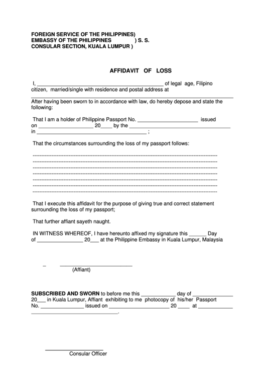 Affidavit Of Loss - Foreign Service Of The Philippines Printable pdf
