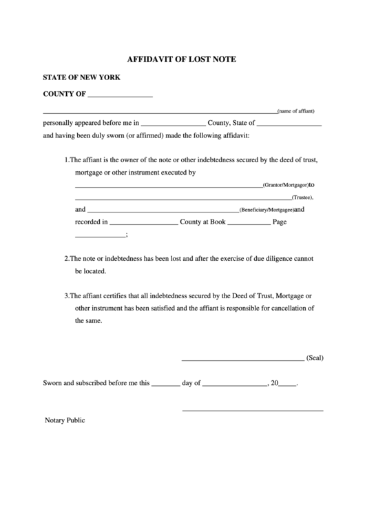 Fillable Affidavit Of Lost Note - State Of New York Printable pdf