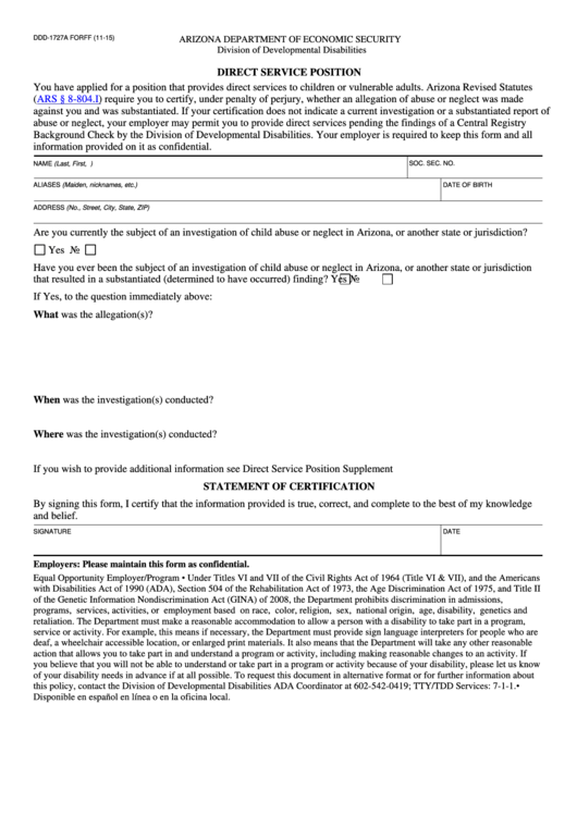 Ddd-1727a - Direct Service Position - Arizona Department Of Economic Security Printable pdf