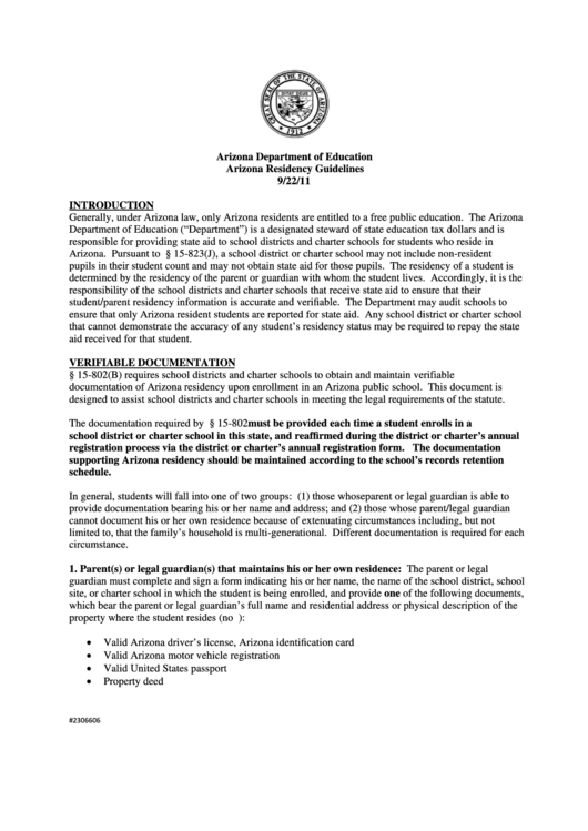 Arizona Residency Documentation Form And Instructions - Arizona Department Of Education Printable pdf