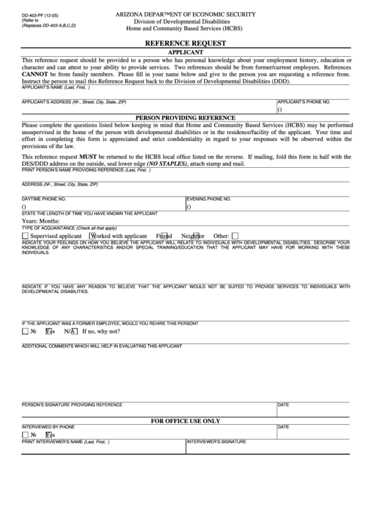 Dd-403-Pf - Reference Request - Arizona Department Of Economic Security Printable pdf