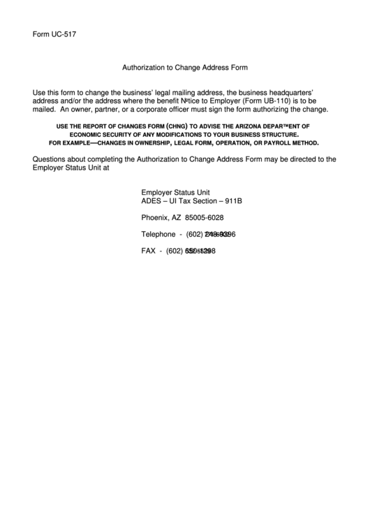 Fillable Form Uc-517 - Authorization To Change Address Form - Arizona Department Of Economic Security Printable pdf