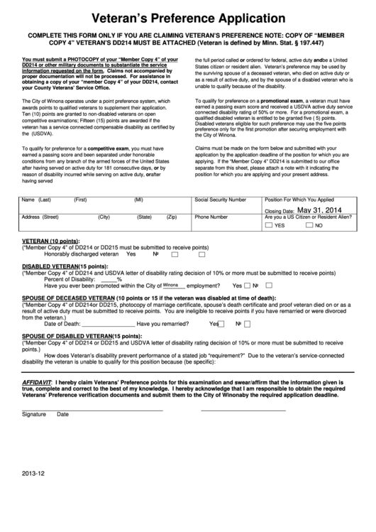 Fillable Veterans Preference Application Form - City Of Winona Printable pdf