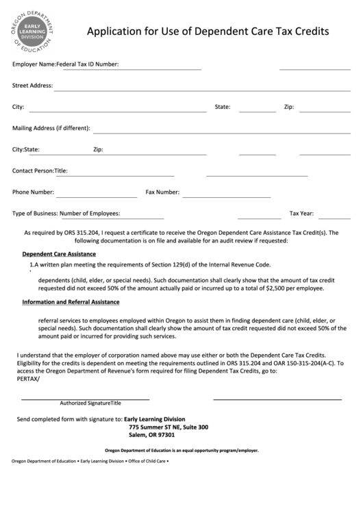 Oregon Department Of Education - Application For Use Of Dependent Care Tax Credits Printable pdf