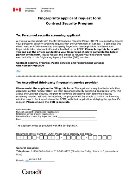 Fillable Fingerprints Applicant Request Form - Government Of Canada Printable pdf