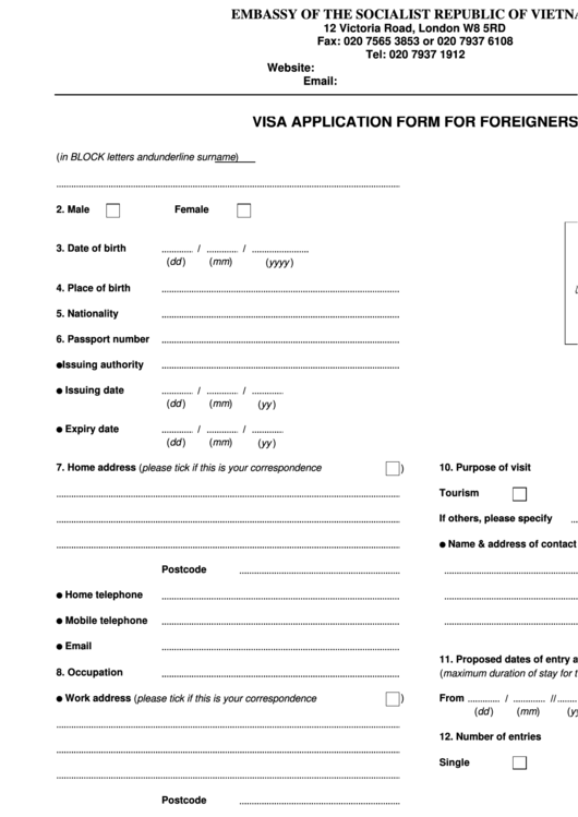 Visa Application Form For Foreigners - Embassy Of The Socialist Republic Of Vietnam Printable pdf