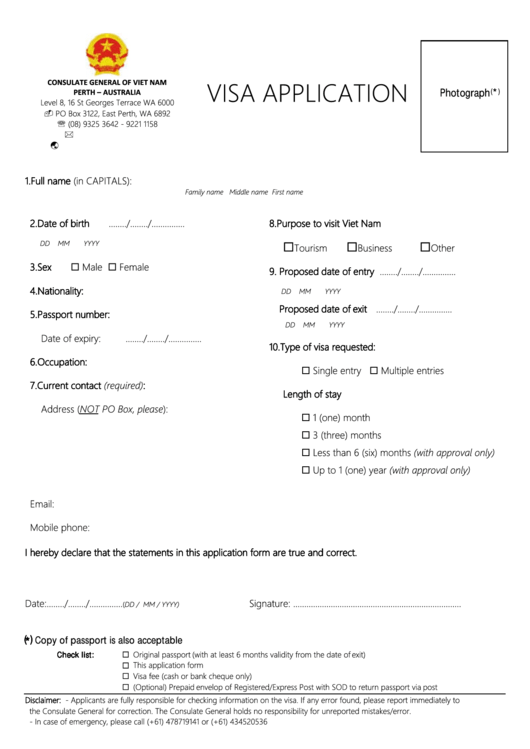 Visa Application - Consulate General Of Viet Nam Perth - Australia Printable pdf