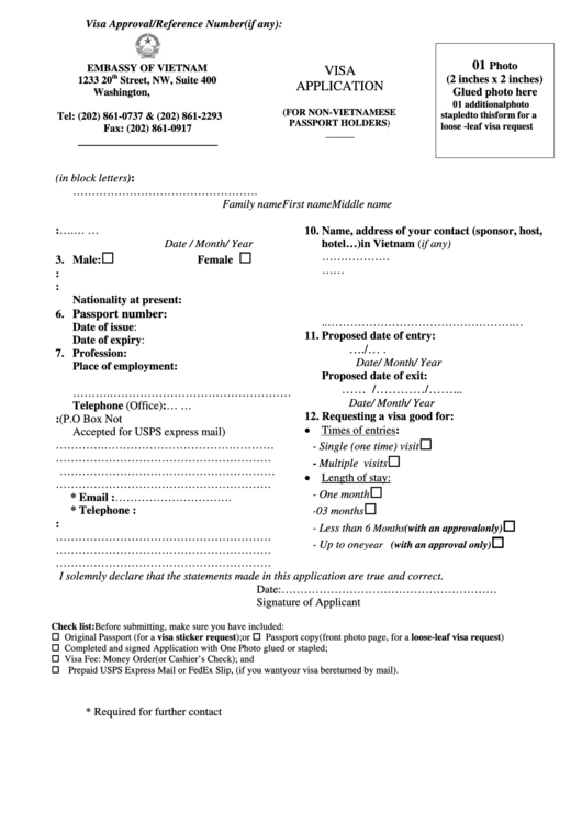 Embassy Of Vietnam, Washington, D.c. Visa Application Printable pdf