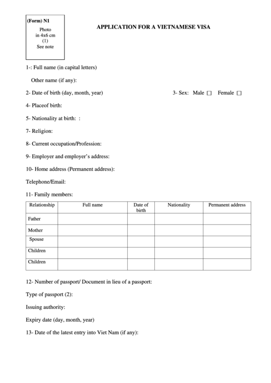 Application For A Vietnamese Visa Printable pdf