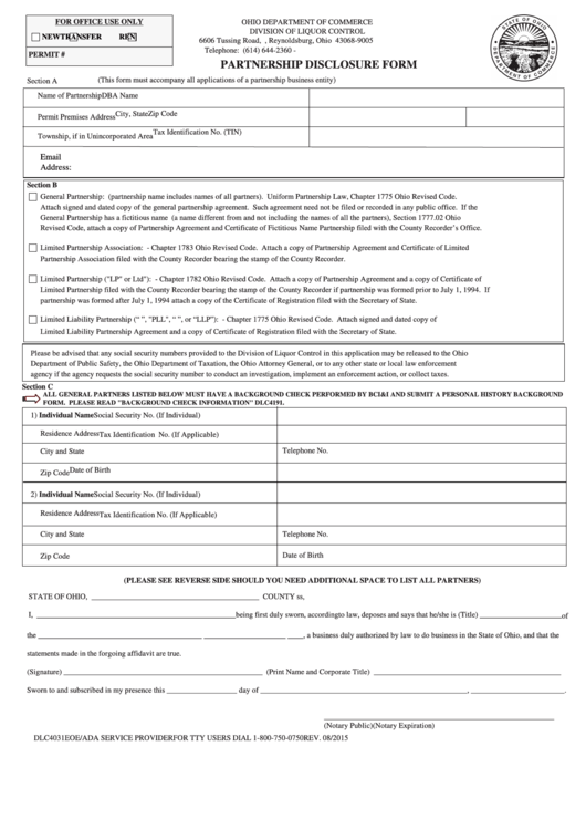 Form Dlc4031 Ohio Department Of Commerce Division Of Liquor Control - Partnership Disclosure Form