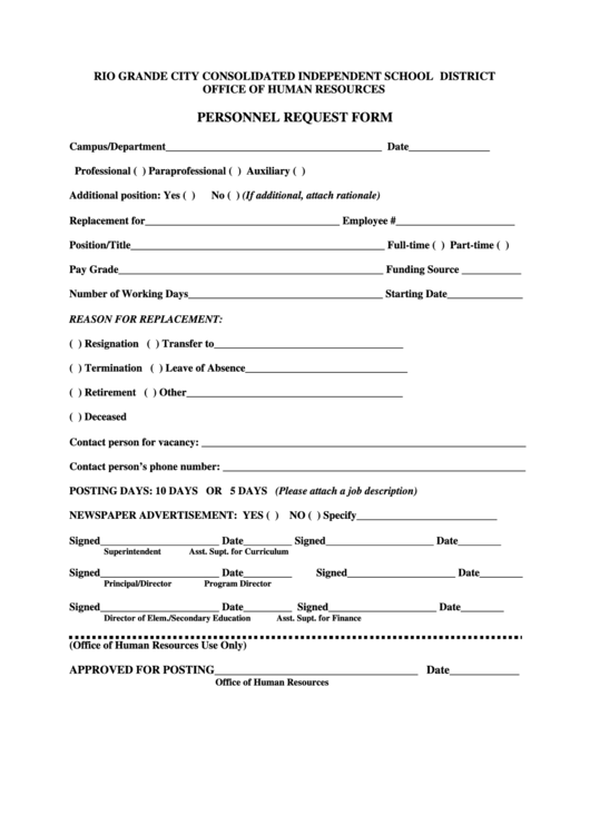 Personnel Request Form Printable pdf
