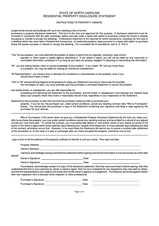 North Carolina Residential Property Disclosure Statement - Instructions Printable pdf