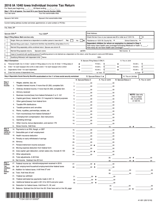 Form Ia 1040 - Iowa Individual Income Tax Return Form - 2016 Printable pdf