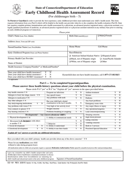 Early Childhood Health Assessment Record - State Of Connecticut Department Of Education Printable pdf