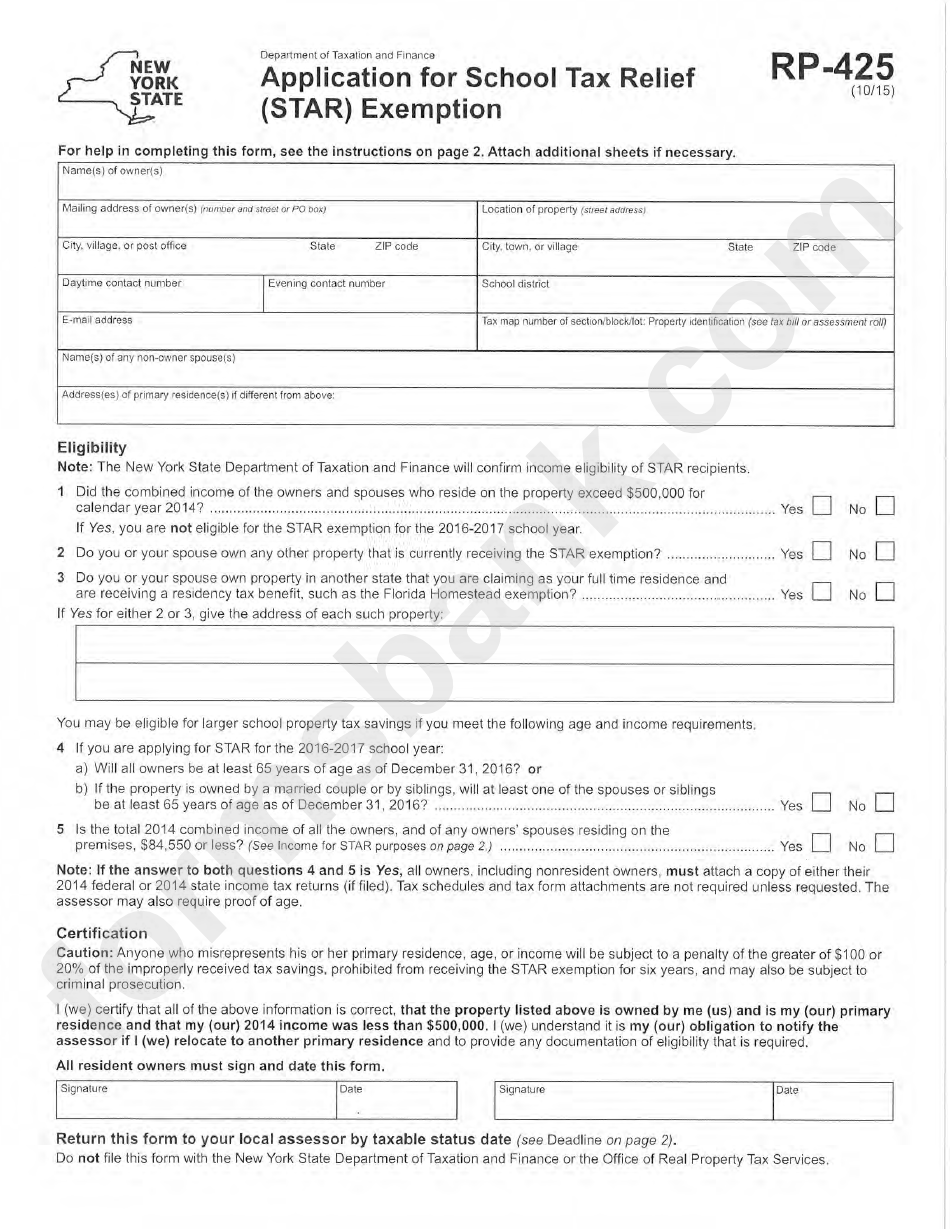 New York State Form Rp-425 - Application For School Tax Relief (Star) Exemption Form
