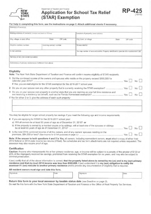 New York State Form Rp-425 - Application For School Tax Relief (star) Exemption Form