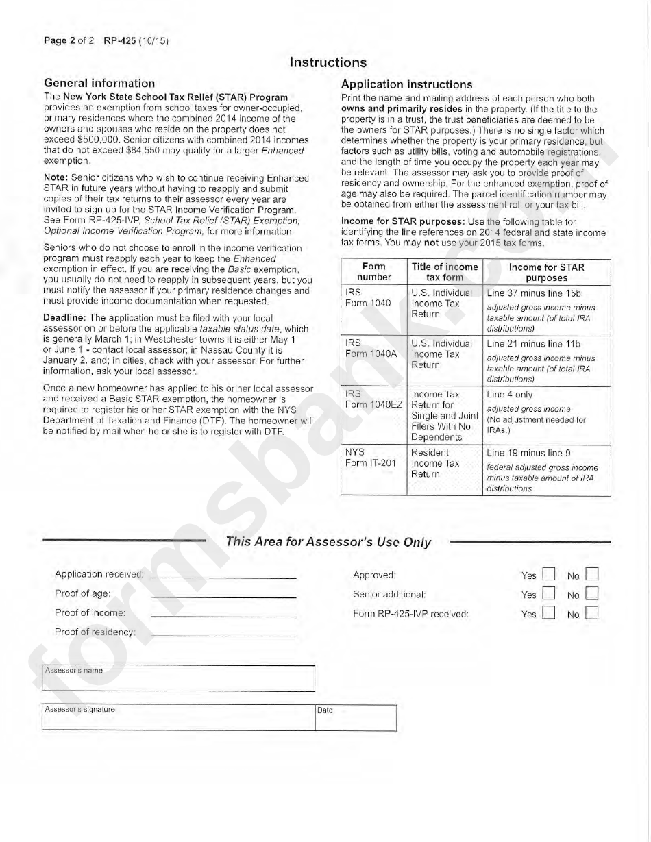 New York State Form Rp-425 - Application For School Tax Relief (Star) Exemption Form